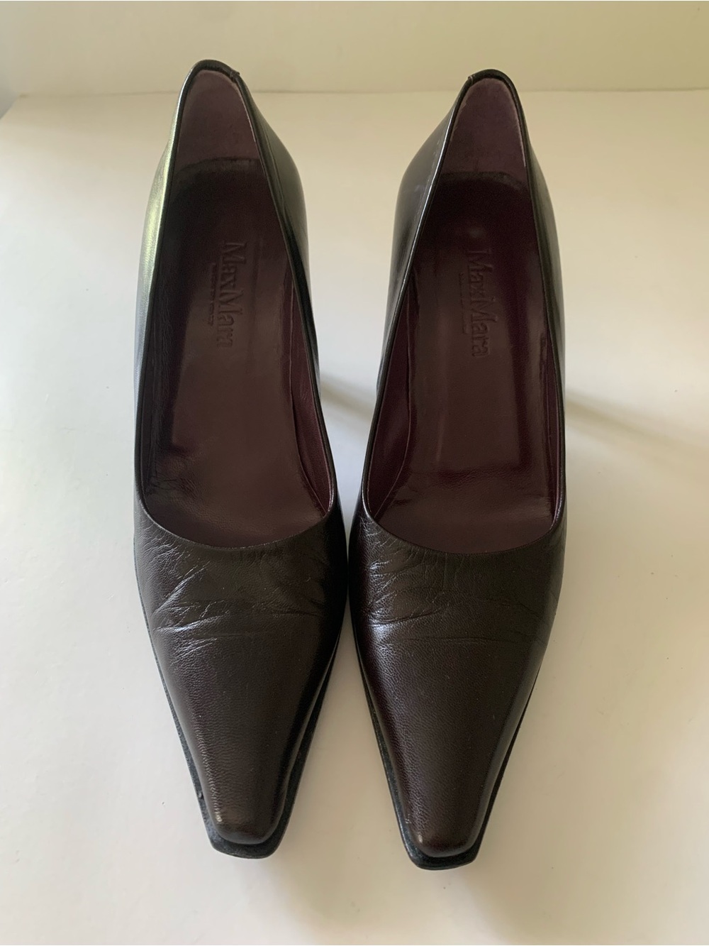 Max Mara Brown Pointed Toe Leather Heels, 36, Black Trim, Burgundy Tint, 75mm